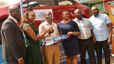 (L-r): Peter Ayewoh, marketing manager, Kia Motors Nigeria, Chioma Afe, marketing manager, DStv, Olateju Oladimeji of LASUTH, Prize winner, Caroline Oghuma, PR Manager, DStv, Lateef Tijani, MultiChoice Branch Manager, Ikeja, and Fuad Kadiku, regional operations manager, during the presentation of Kia Rio Car to the winner in the on-going MultiChoice SuperCruise Promo at the MultiChoice office, Ikeja, Lagos recently.